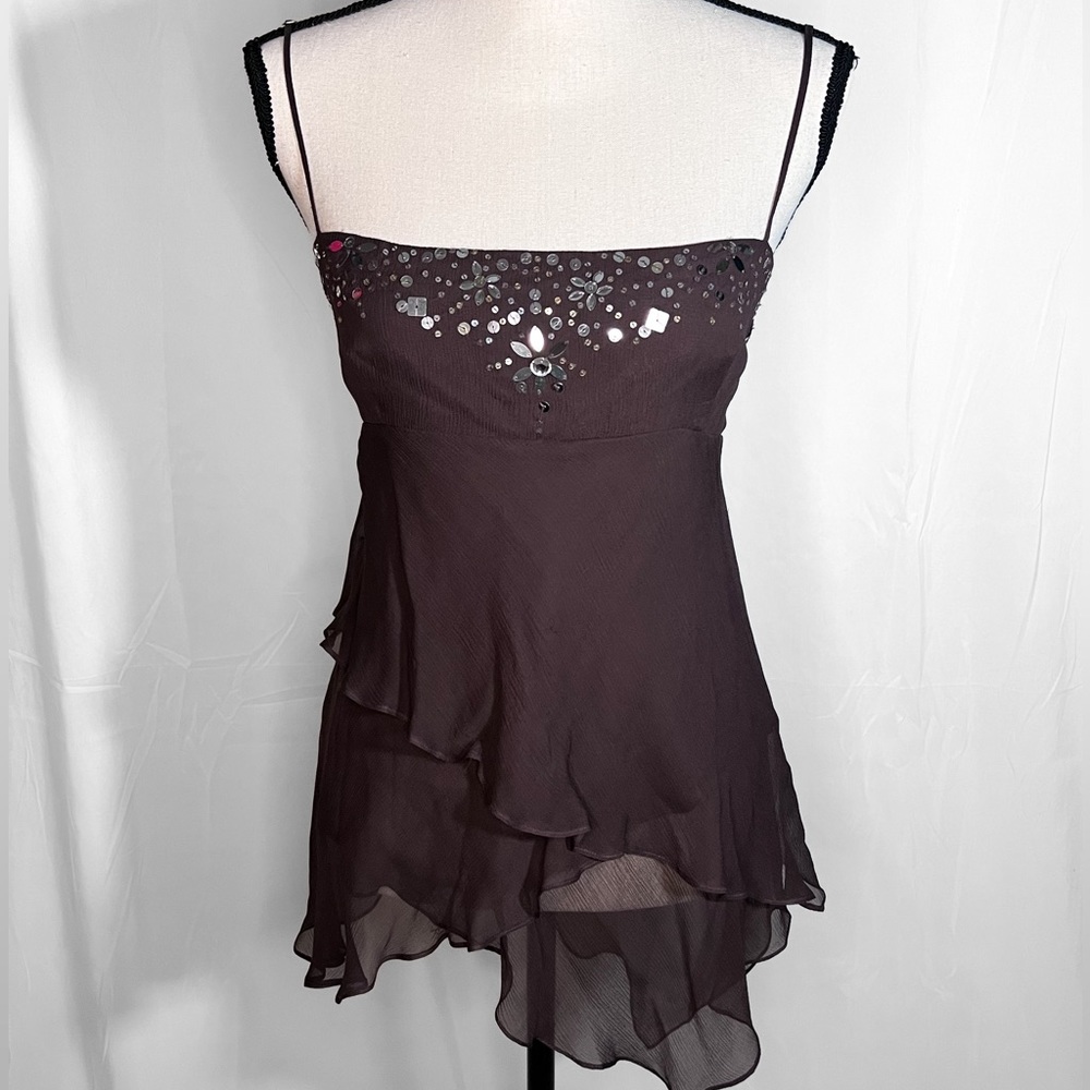 BCBG Max Azria Brown Beaded Silk Flowy Spaghetti Strap Top Size L